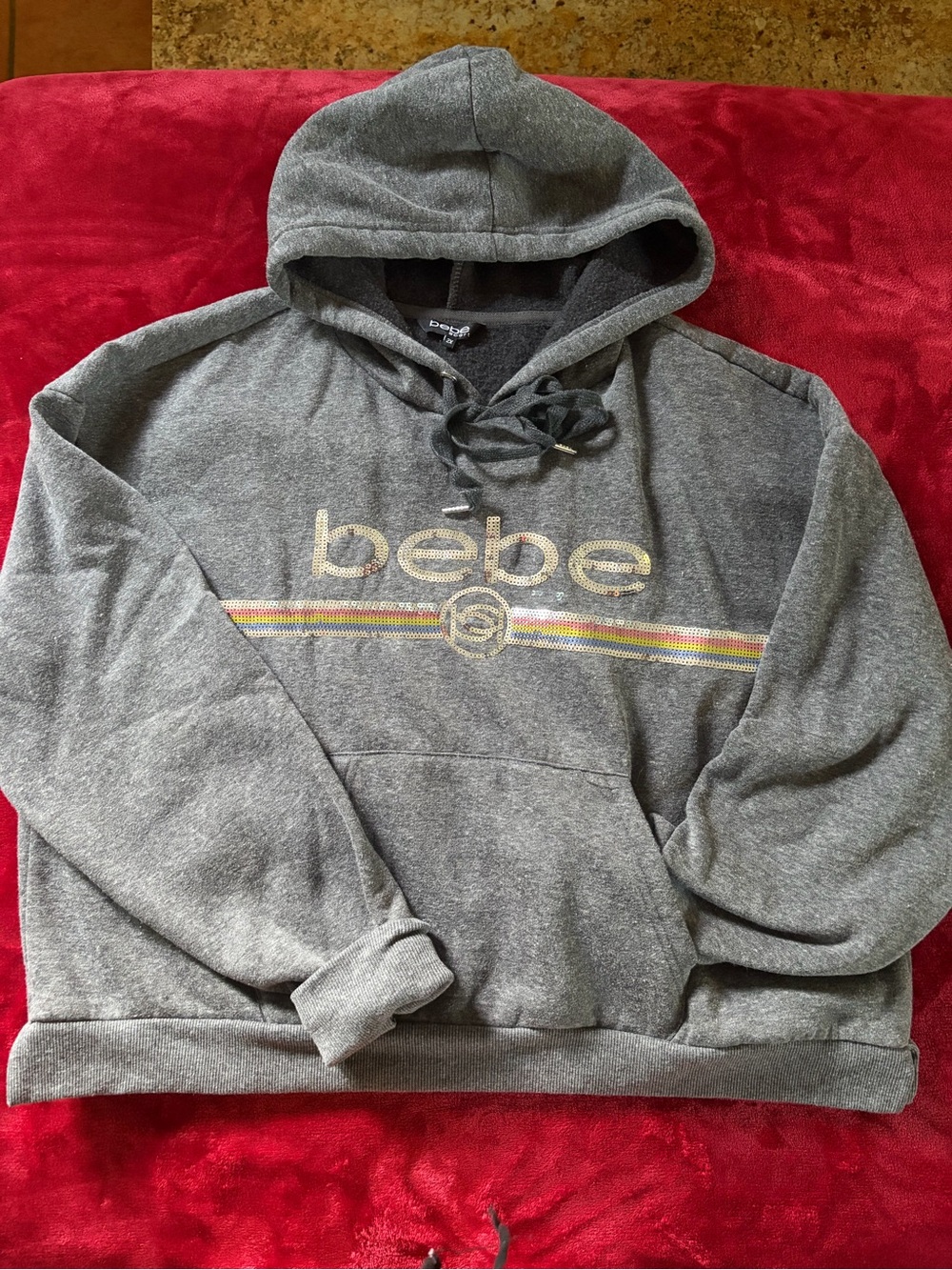 bebe Gray Hooded Sweatshirt with Rainbow Stripes
